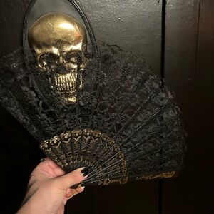 Set of 3 Black Lace Fan with Gold accents